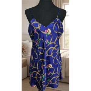 Vintage Val Mode Lingerie Royal Blue Floral Chemise Nightgown V Neck Size M